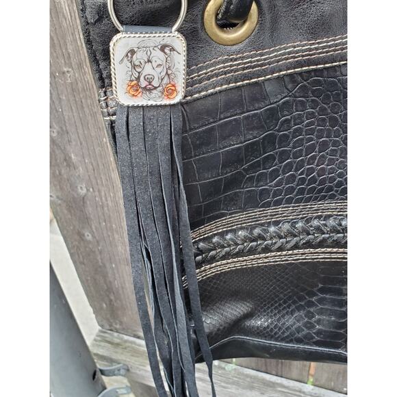 Handmade boho Pitbull lover Leather Fringe Western bag charm Long keychain - Picture 3 of 3